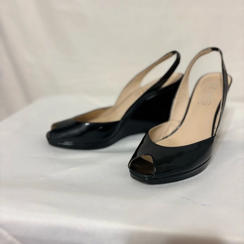 KORS Michael Kors Vivian patent leather peep toe slingback wedge heels